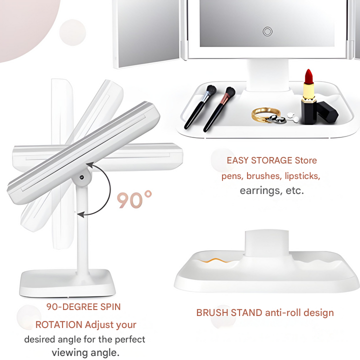 Makeup Mirror with Triple Panel LED Lighting and 2x 3x Magnification