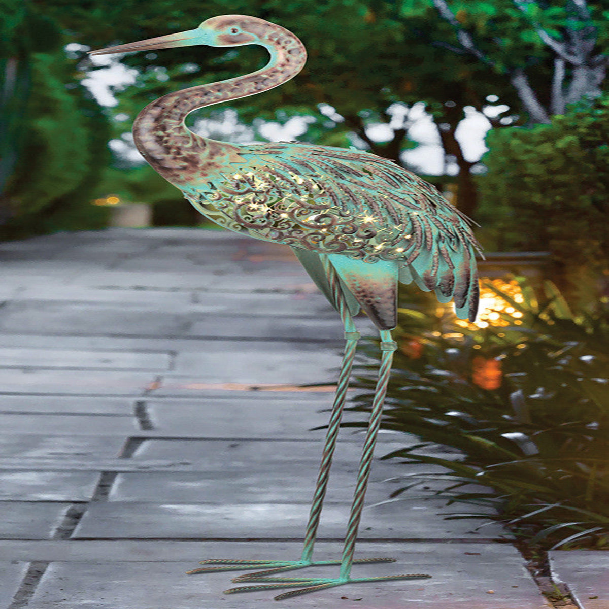 Solar Crane Garden Statue with Blinking String Lights and Acrylic Accents, 37in Tall