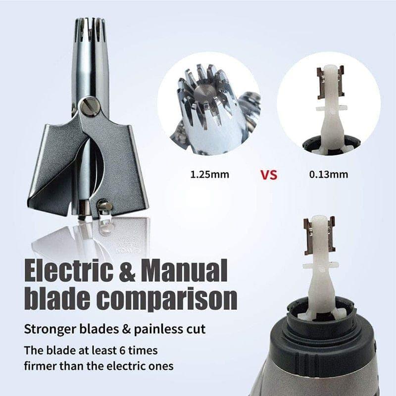 Manual Nose and Ear Hair Trimmer with Stainless Steel Rounded Blades and Cleaning Brush