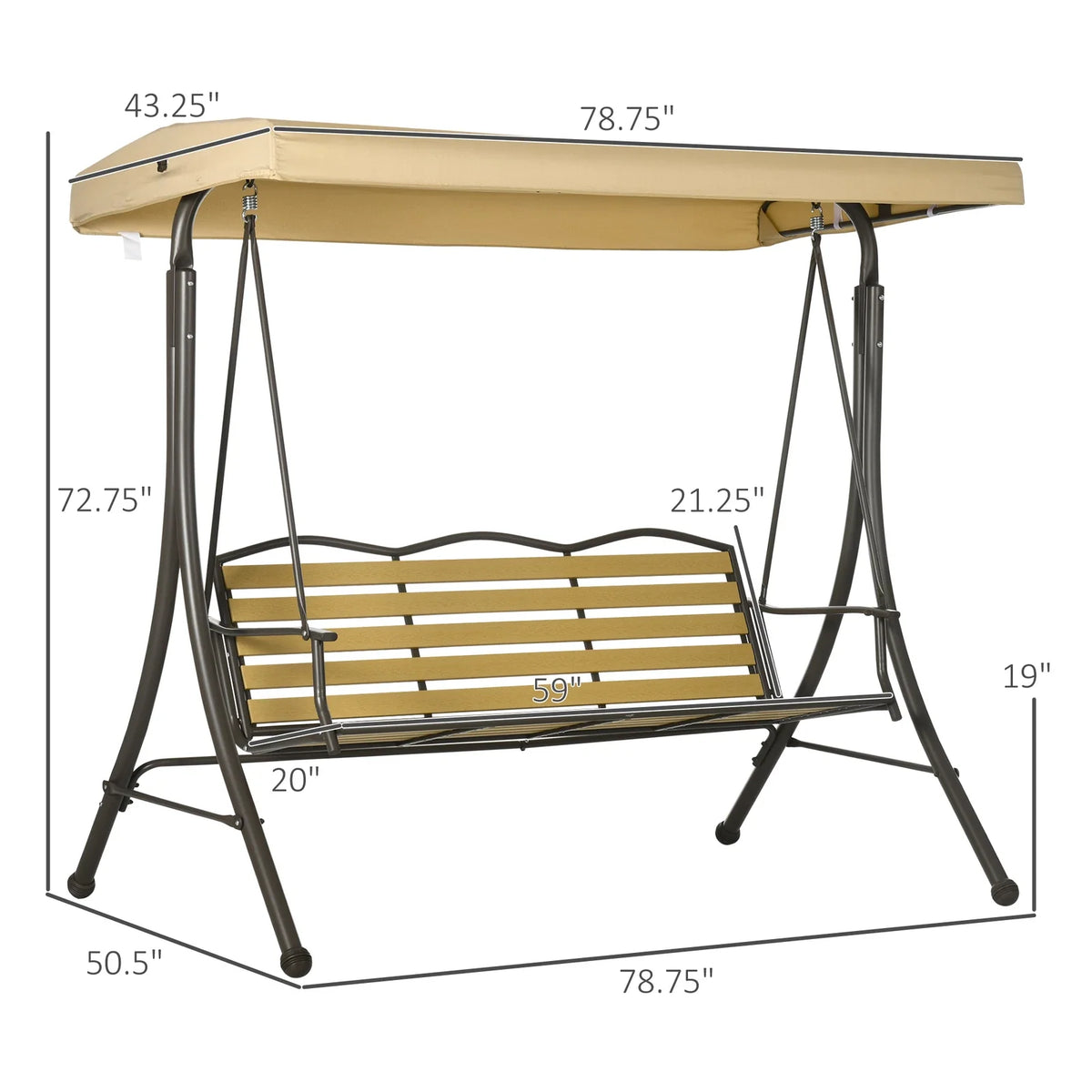 Trio Porch Swing for 3 persons, Cushioned Outdoor Swing - Beige