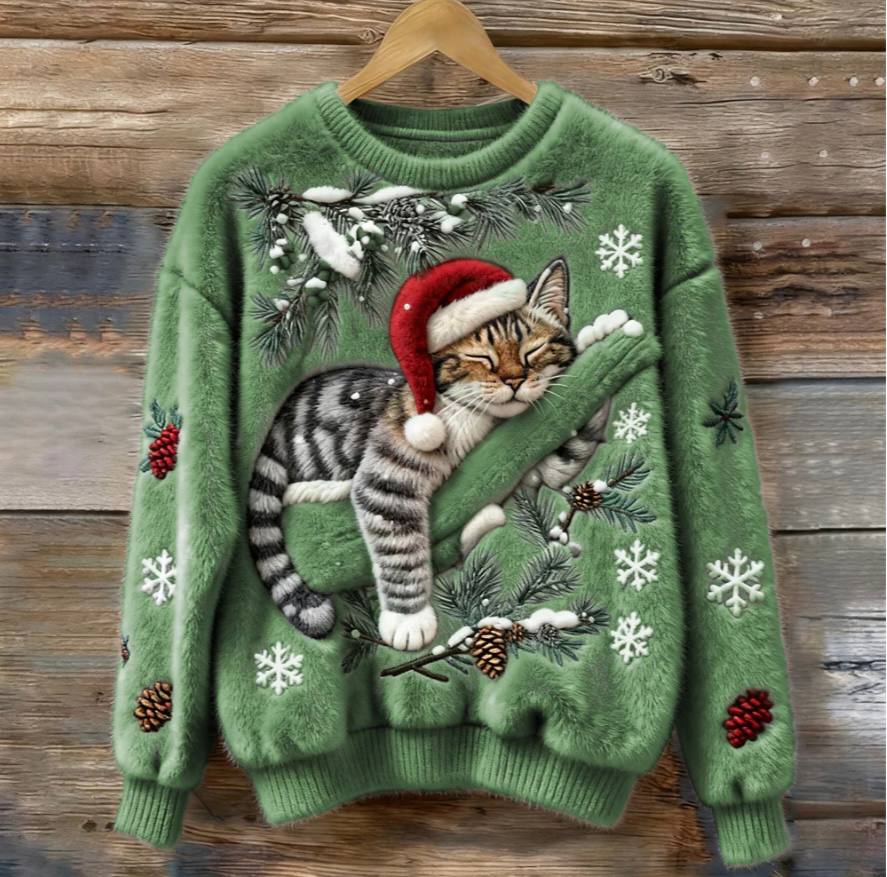 Cat Christmas Sweater with 3D Appliqué, Cozy Holiday Pullover for Cats
