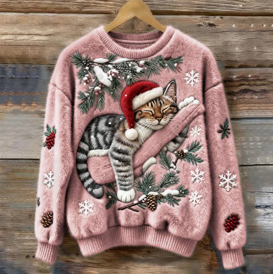 Cat Christmas Sweater with 3D Appliqué, Cozy Holiday Pullover for Cats