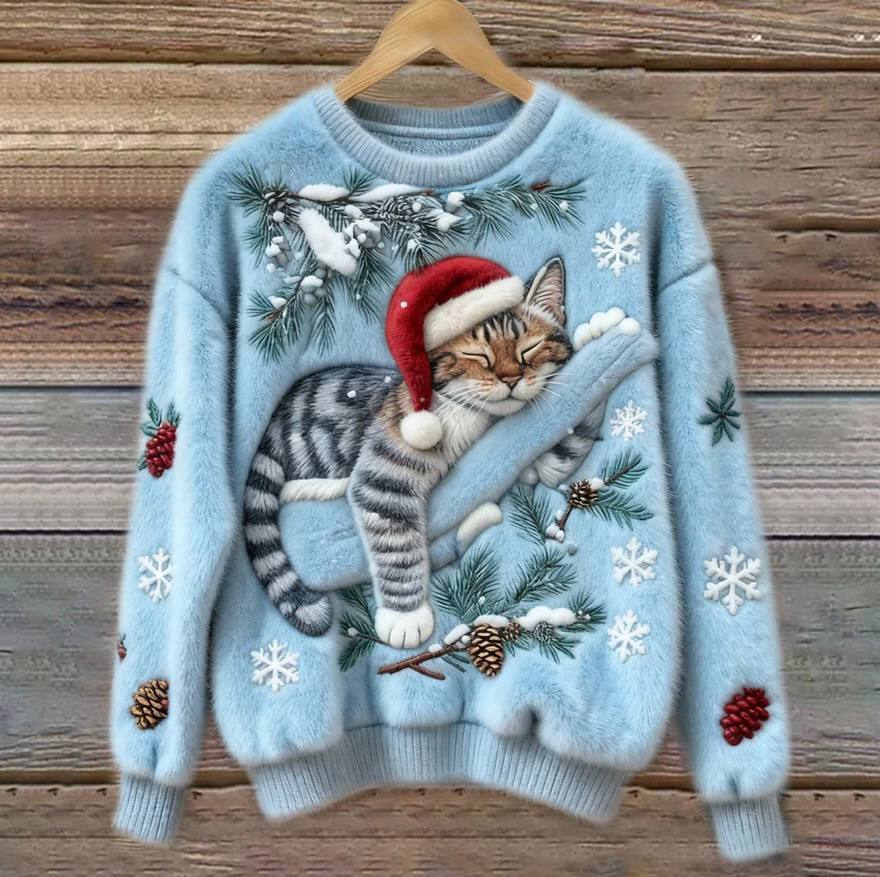 Cat Christmas Sweater with 3D Appliqué, Cozy Holiday Pullover for Cats