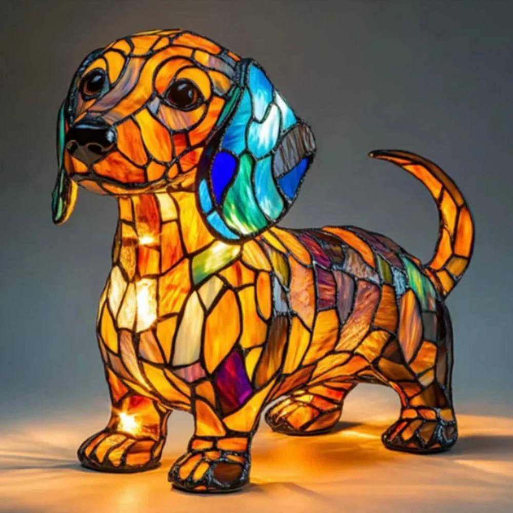 Artistic Glass Dog Table Lamp with Colorful Tiffany-Style Lighting Design
