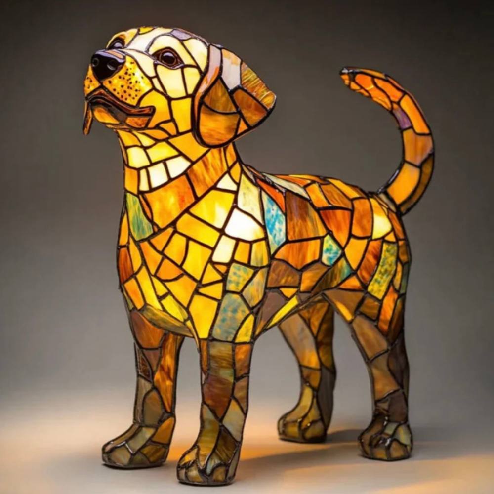 Artistic Glass Dog Table Lamp with Colorful Tiffany-Style Lighting Design
