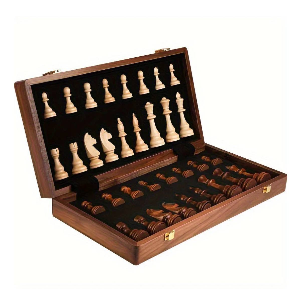 Wooden Chess Set Folding Walnut Board with Handcrafted Weighted Pieces