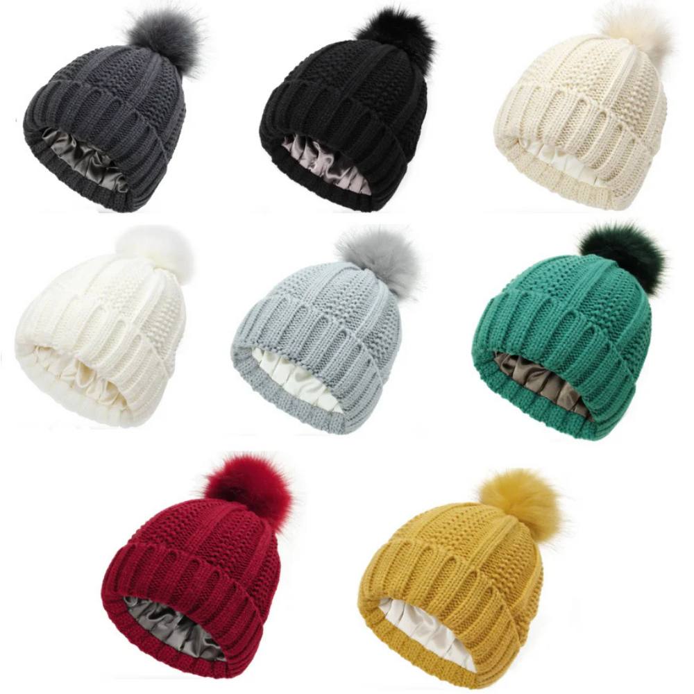Antistatic Pompom Beanie with Silk Lining for Frizz-Free Hair
