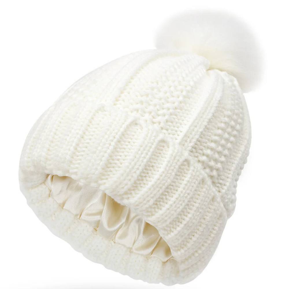 Antistatic Pompom Beanie with Silk Lining for Frizz-Free Hair