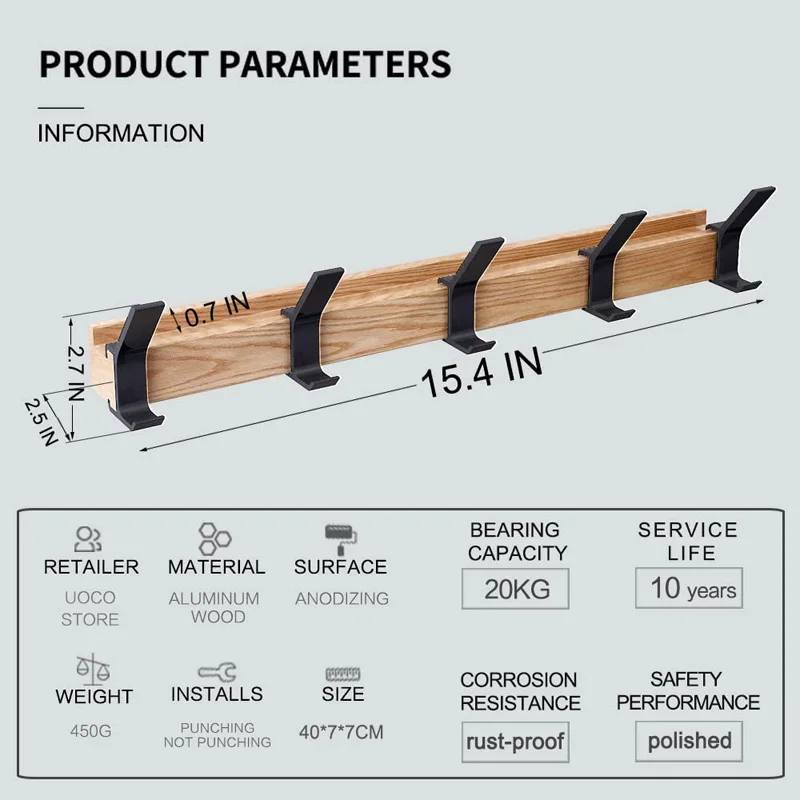 Wall Coat Rack with 5 Movable Double Hooks, Scandinavian Design