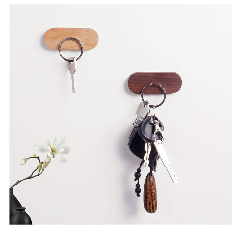 Wooden Oval Key Holder with Magnetic Backing and Adhesive Wall Mount