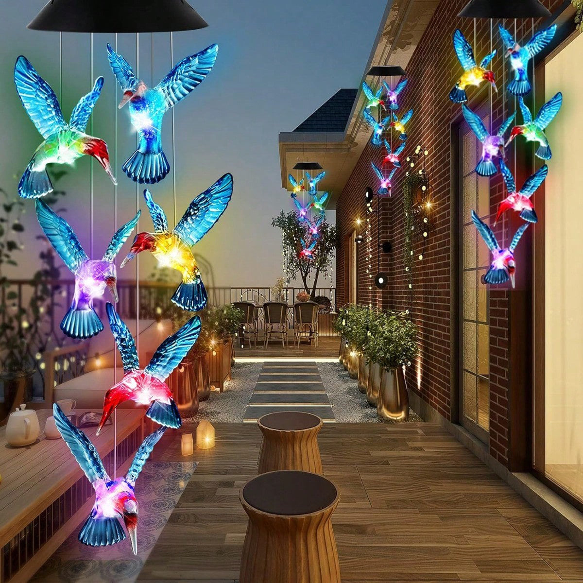 Solar LED Hummingbird Wind Chime with Auto Color Changing Light for Outdoor Garden Decor
