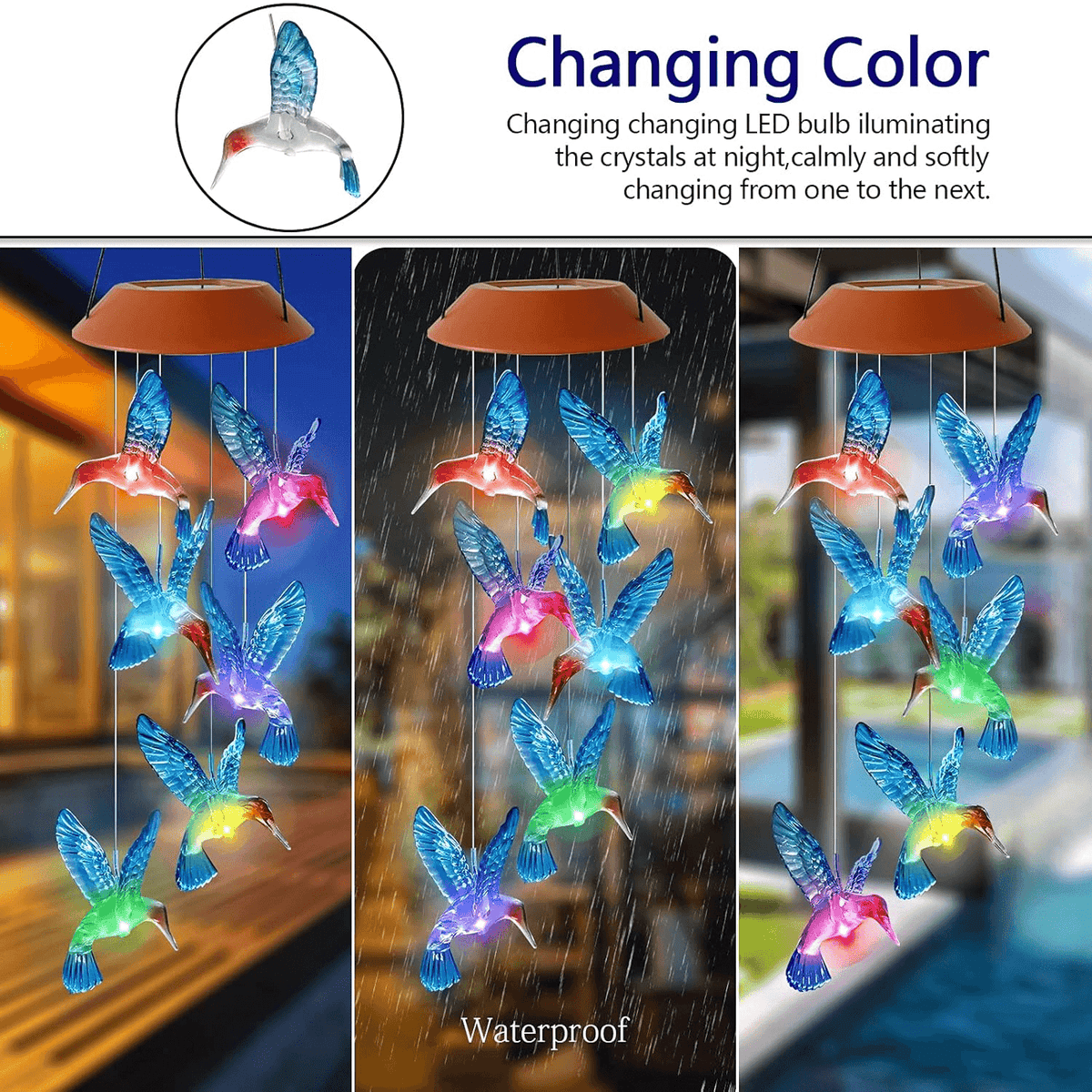 Solar LED Hummingbird Wind Chime with Auto Color Changing Light for Outdoor Garden Decor
