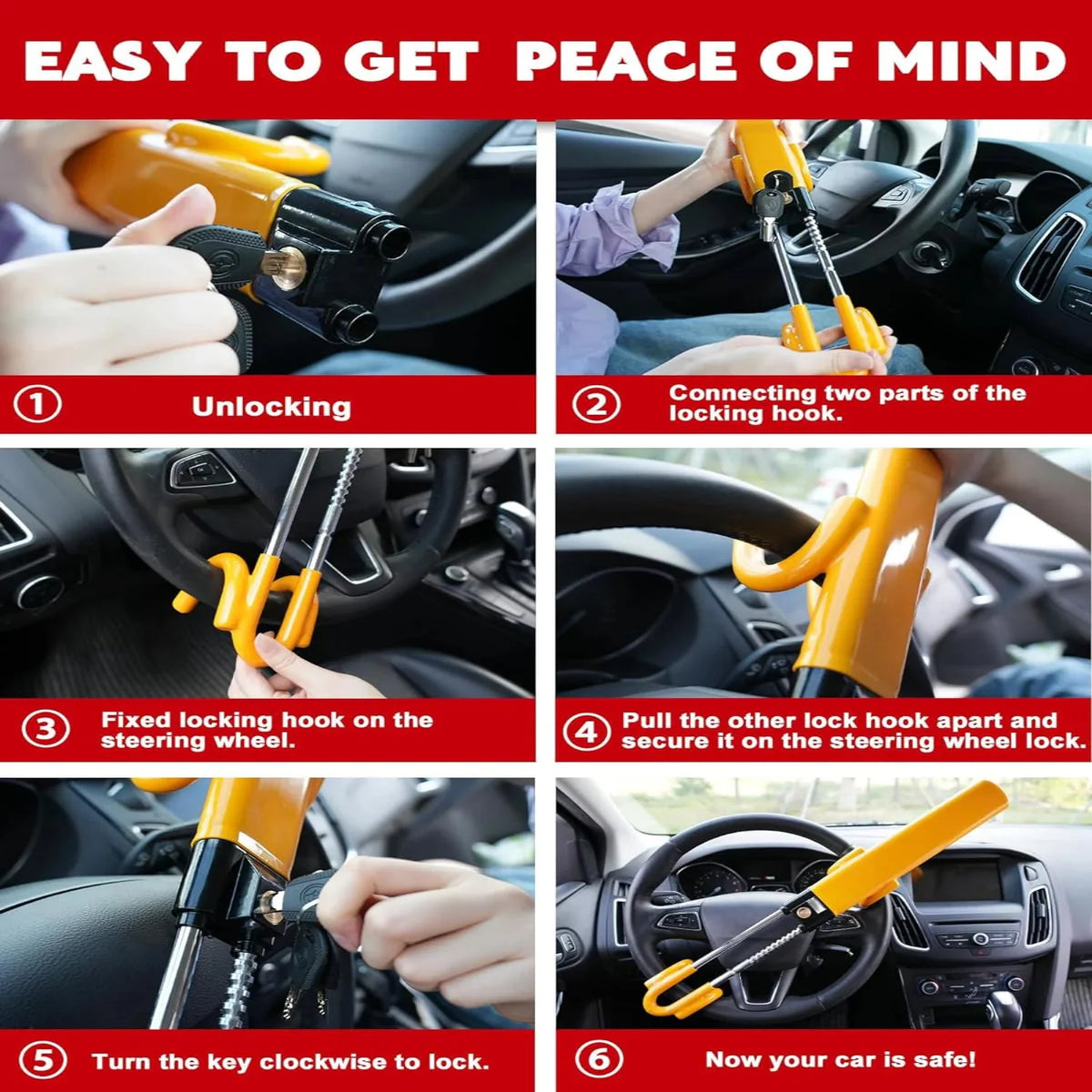 Heavy Duty Anti-Theft Steering Wheel Lock Bar for Car and Truck Security
