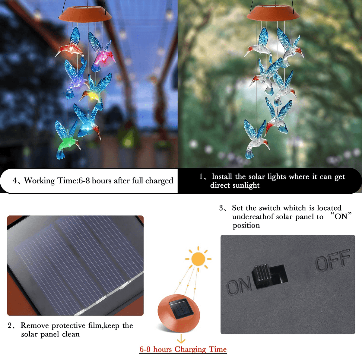 Solar LED Hummingbird Wind Chime with Auto Color Changing Light for Outdoor Garden Decor