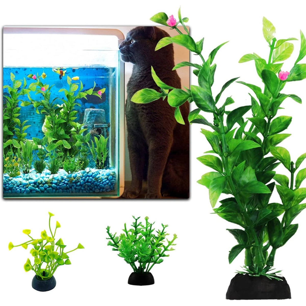 Aquarium Plant Décor Set with Weighted Bases for Fish Tanks, 10 Piece