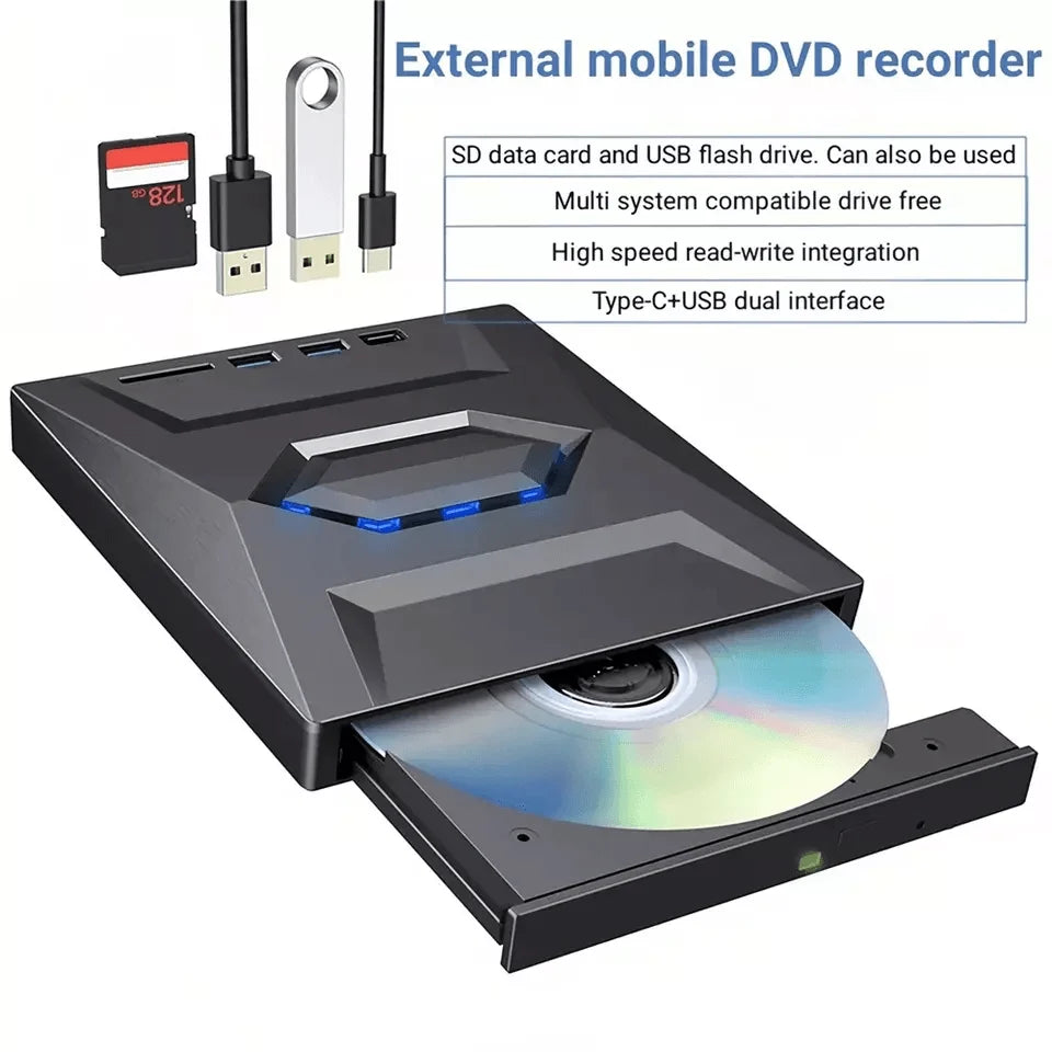 External CD and DVD Drive with SD Card and USB Hub for Laptop and PC