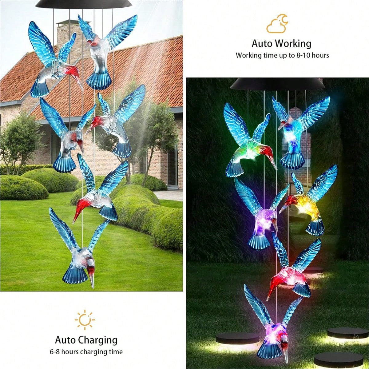 Solar LED Hummingbird Wind Chime with Auto Color Changing Light for Outdoor Garden Decor