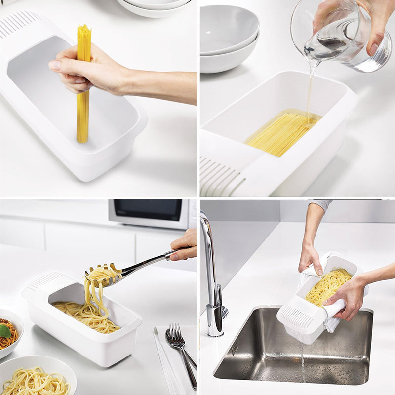 Microwave Pasta Cooker with Built-In Strainer for Vegetables and Spaghetti