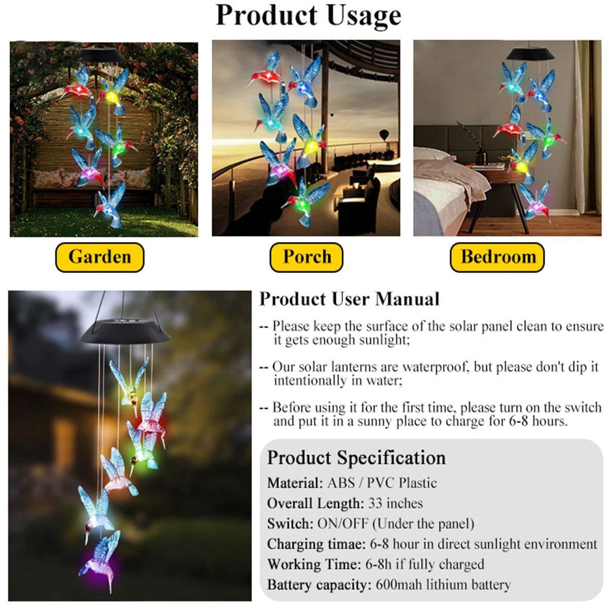 Solar LED Hummingbird Wind Chime with Auto Color Changing Light for Outdoor Garden Decor