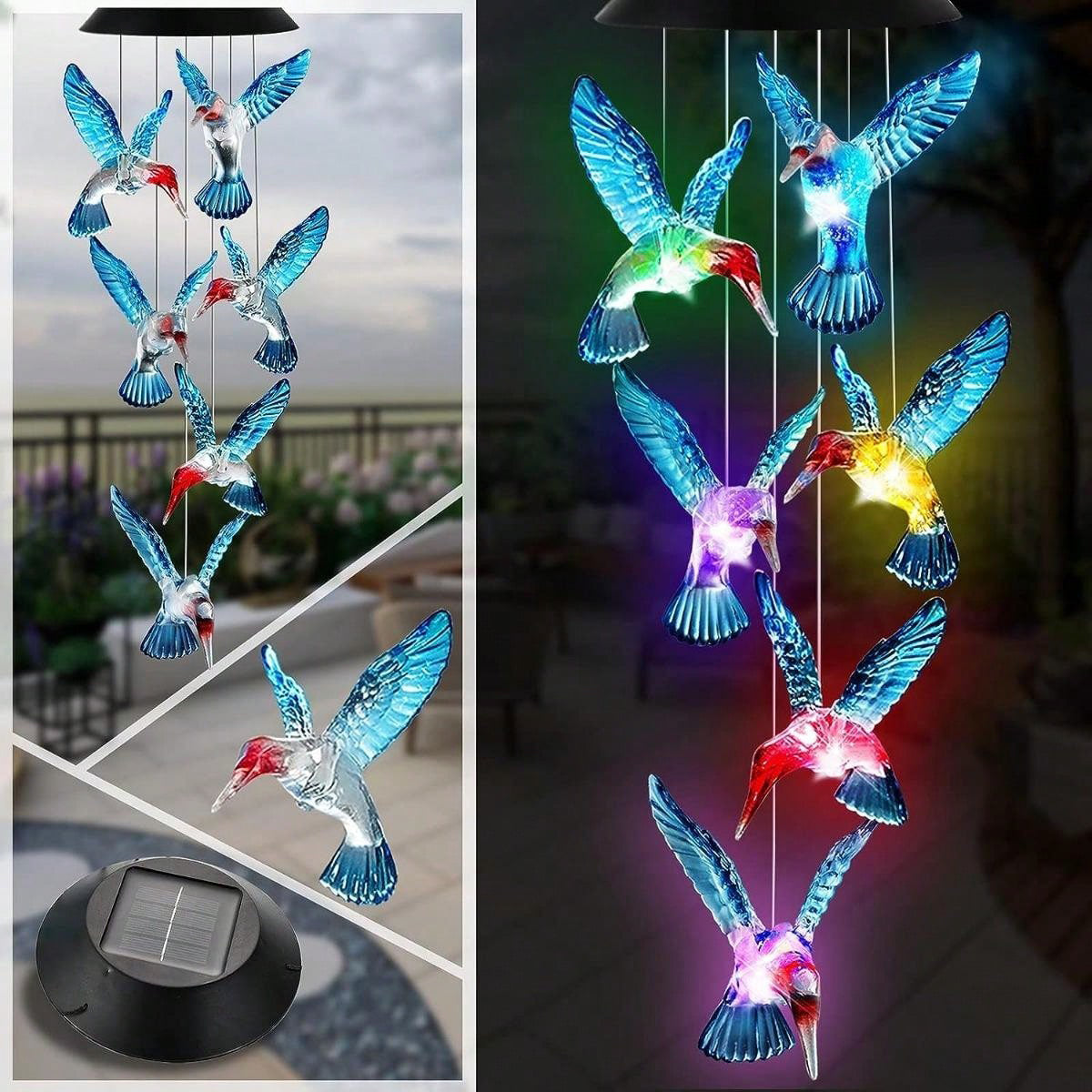 Solar LED Hummingbird Wind Chime with Auto Color Changing Light for Outdoor Garden Decor