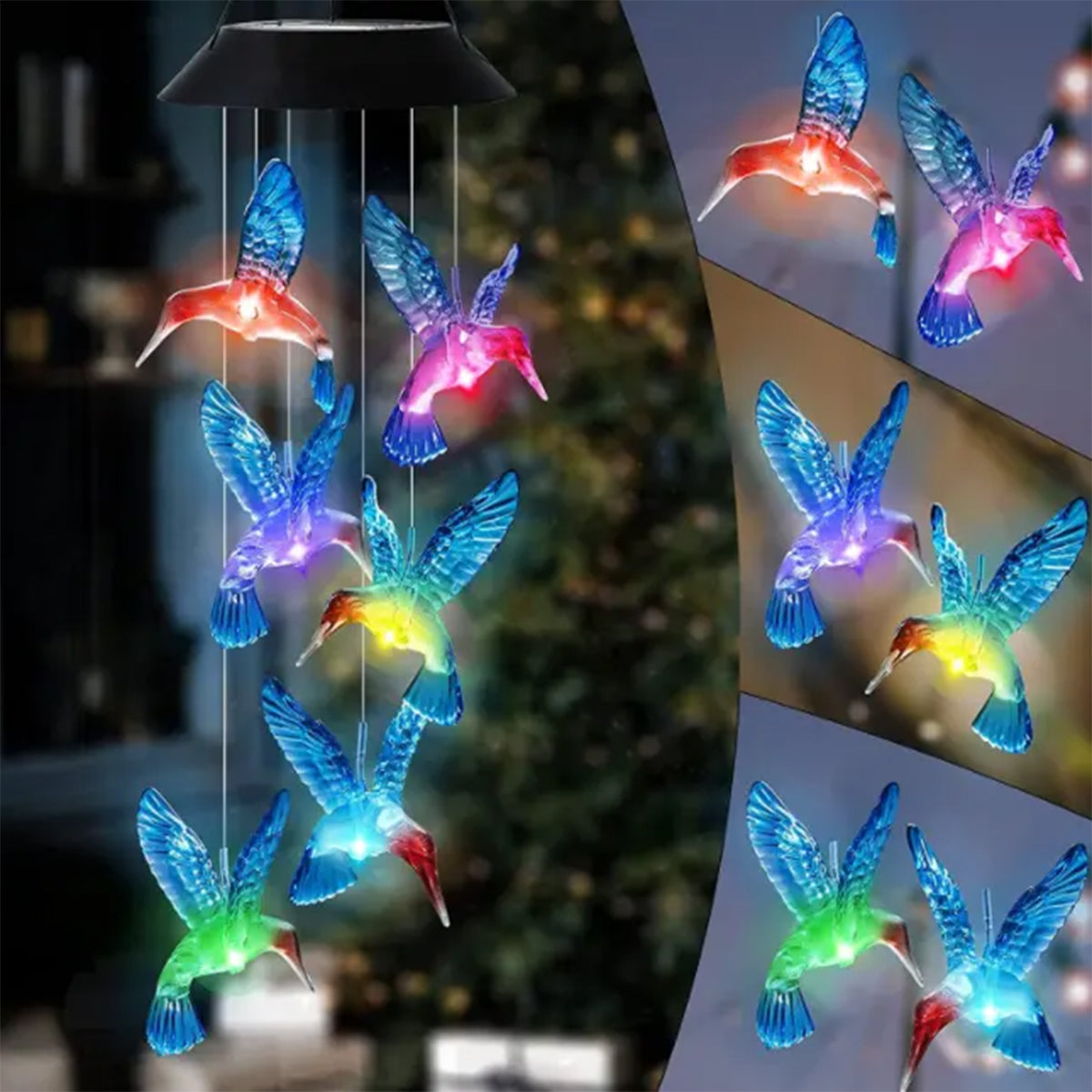 Solar LED Hummingbird Wind Chime with Auto Color Changing Light for Outdoor Garden Decor