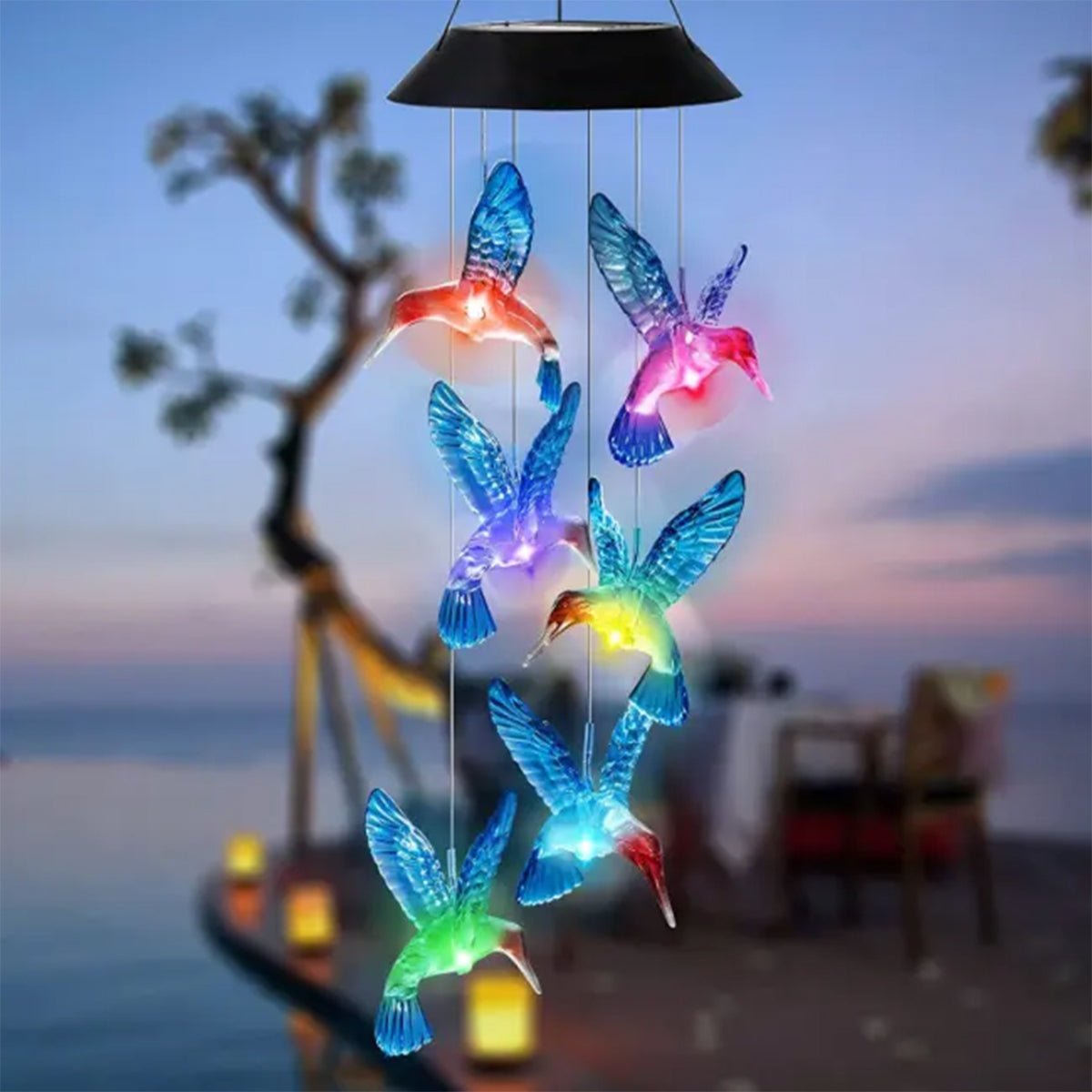 Solar LED Hummingbird Wind Chime with Auto Color Changing Light for Outdoor Garden Decor