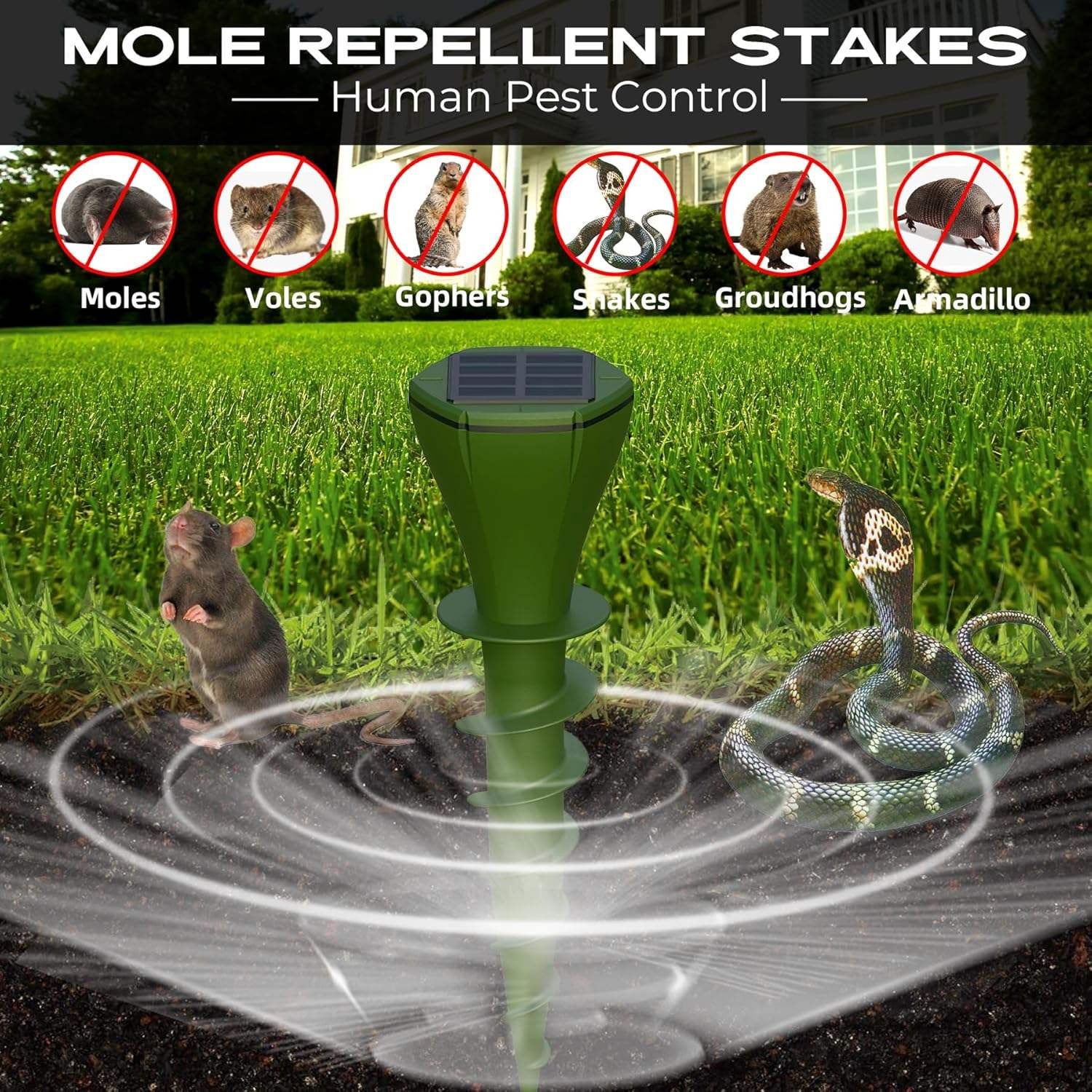 Solar Ultrasonic Snake Repeller with Ground Stake and Battery Backup