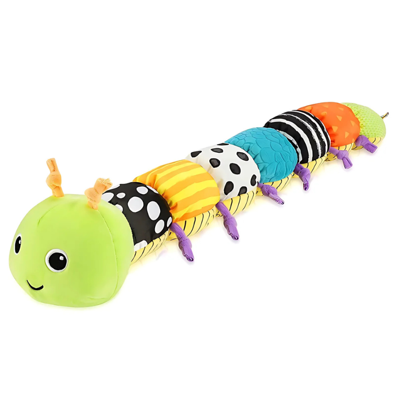 Plush baby caterpillar toy with crinkles, chimes, & vibrant colors for sensory stimulation