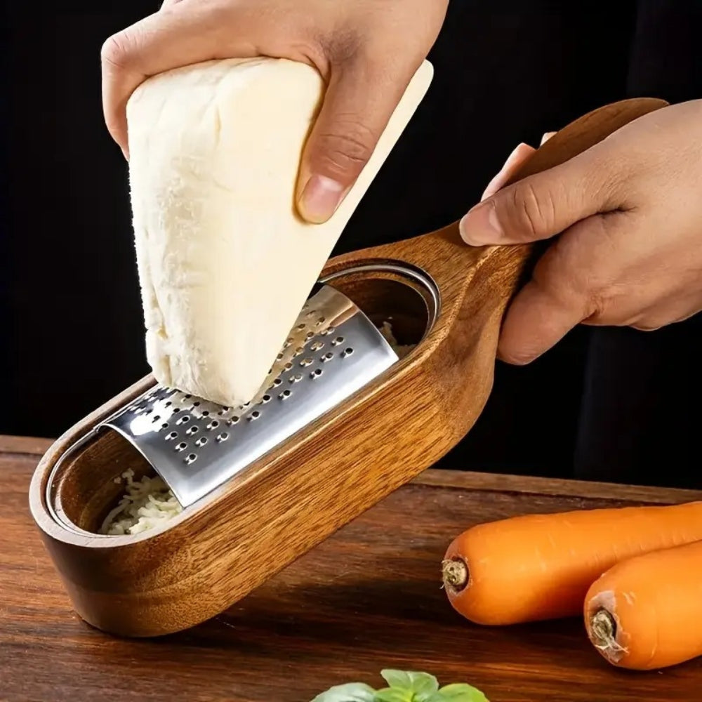 Stainless Steel Cheese Grater with Acacia Wood Handle and Ergonomic Grip