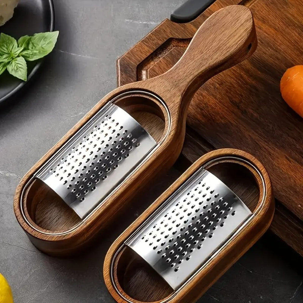 Stainless Steel Cheese Grater with Acacia Wood Handle and Ergonomic Grip