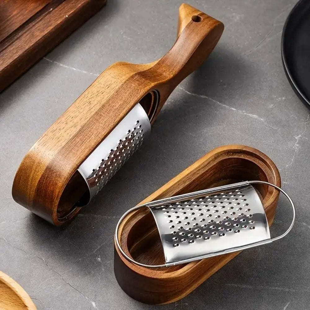 Stainless Steel Cheese Grater with Acacia Wood Handle and Ergonomic Grip