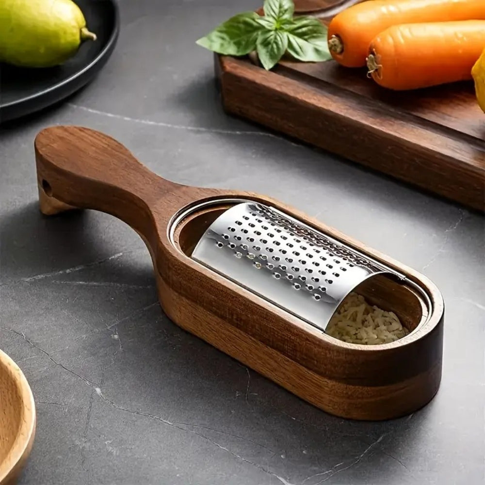 Stainless Steel Cheese Grater with Acacia Wood Handle and Ergonomic Grip