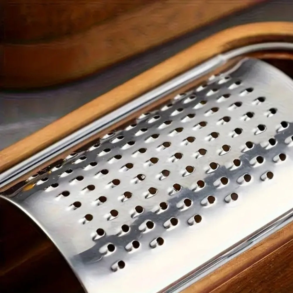 Stainless Steel Cheese Grater with Acacia Wood Handle and Ergonomic Grip